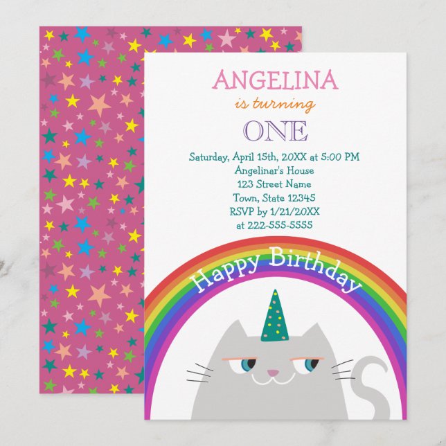 Invitación Chica de unicornio de felino 1 cumpleaños (Anverso / Reverso)