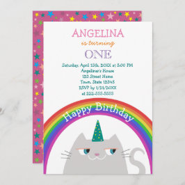 Invitación Chica de unicornio de felino 1 cumpleaños