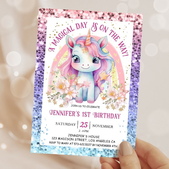 Invitación Chica de unicornio de primer cumpleaños Purpurina  (Subido por el creador)