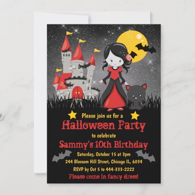 Invitación Chica de vampiros y cumpleaños de Halloween en el  (Anverso)