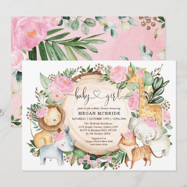 Invitación Chica de vegetación de la selva Safari Floral Baby (Anverso / Reverso)