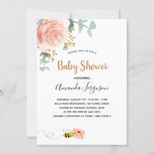 Invitación chica de vegetación floral de abejas rosa de Baby 