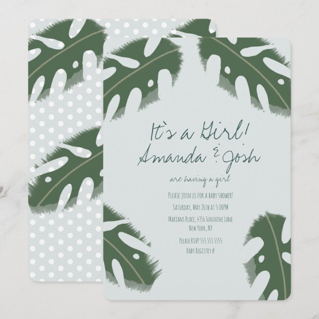 Invitación Chica de vegetación tropical Monstera Baby Shower (Anverso / Reverso)