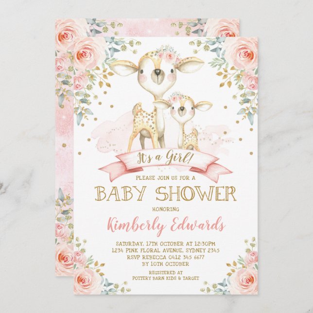 Invitación Chica de venados de clase, Rosas Baby Shower Rubor (Anverso / Reverso)