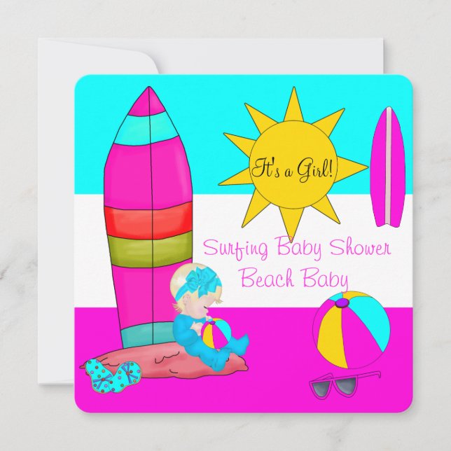 Invitación Chica de verano Baby Shower Beach Baby Surfing Bab (Anverso)