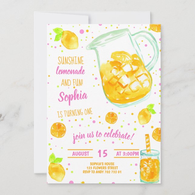 Invitación Chica de verano de Lemonade Confetti Cute Cumpleañ (Anverso)