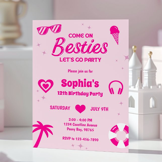 Invitación Chica de verano rosado caliente Fiesta de cumpleañ (Subido por el creador)