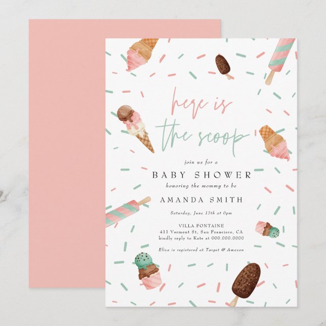 Invitación Chica de verano rosado de rociado de helado Baby S (Anverso / Reverso)