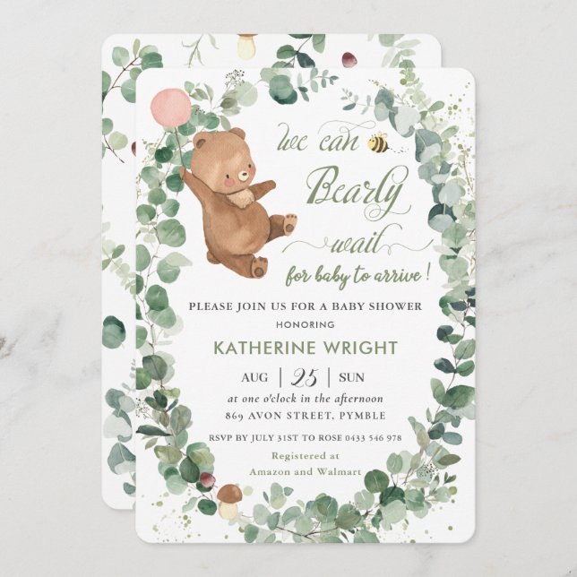 Invitación Chica de verde de oso bebé lindo Baby Shower (Anverso / Reverso)