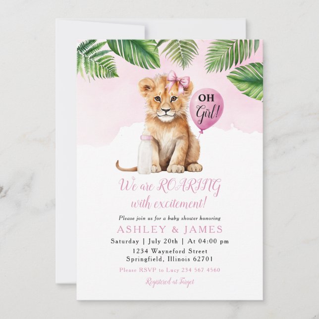 Invitación Chica de verde rosa Leon Safari Baby Shower Bow em (Anverso)