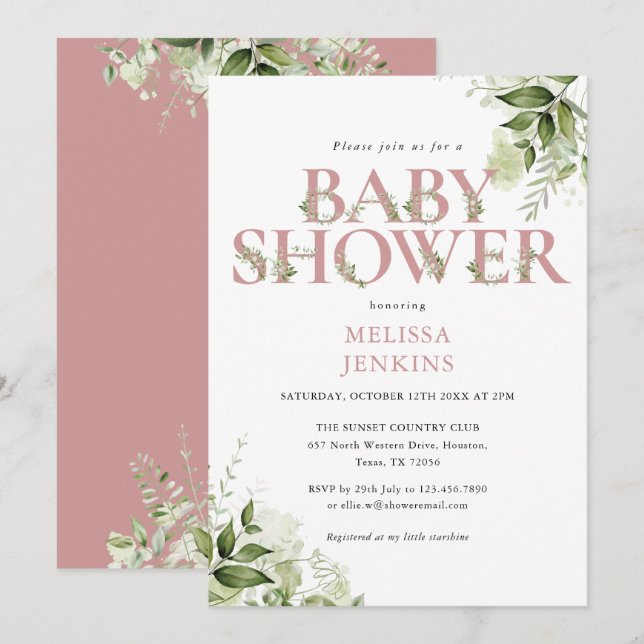 Invitación Chica de Verdor Dusty Rosa Letra rosa Baby Shower (Anverso / Reverso)