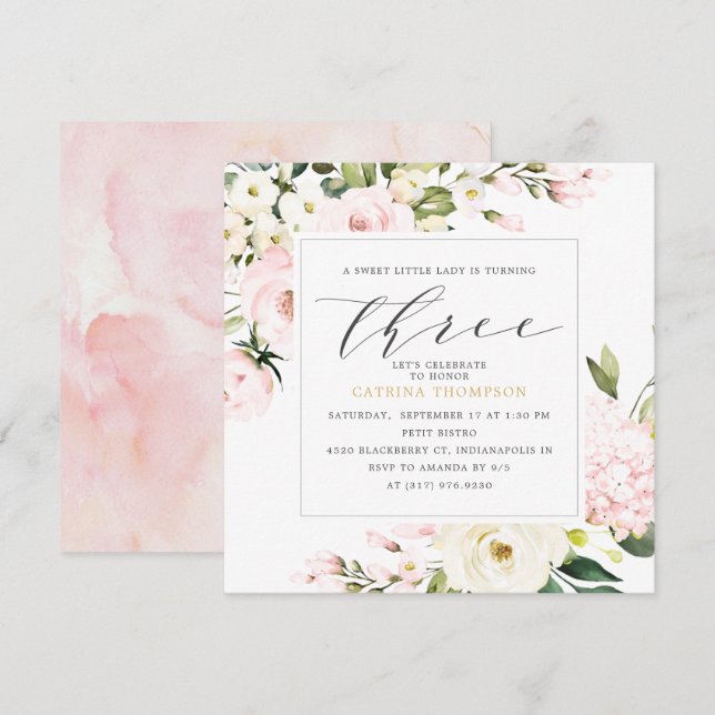 Invitación Chica de Verdor Floral de Rubor Fiesta de cumpleañ (Anverso / Reverso)
