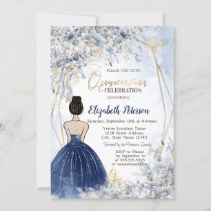 Invitación Chica de vestido azul marino, quinceañera de flore