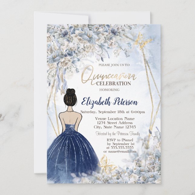 Invitación Chica de vestir azul de la marina, flores azules Q (Anverso)