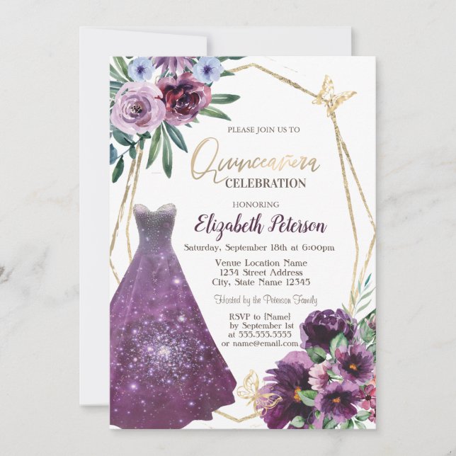 Invitación Chica de vestir, flores violetas mariposa Quincean (Anverso)