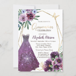 Invitación Chica de vestir, flores violetas mariposa Quincean