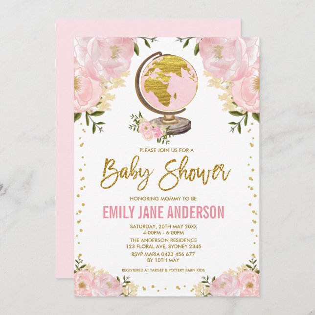 Invitación Chica de viajes Baby Shower Pink Gold Floral Adven (Anverso / Reverso)