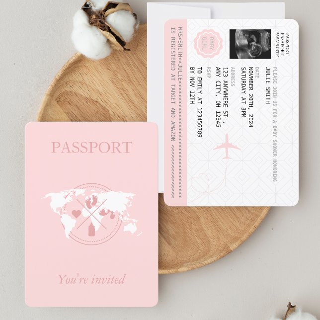 Invitación Chica de viajes de Pasaporte Rosado Mapa Mundial d (Subido por el creador)