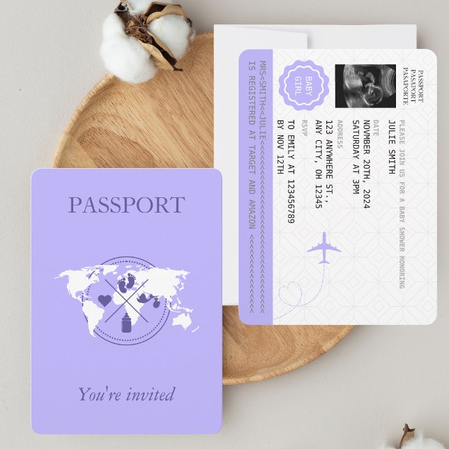 Invitación Chica de viajes Purple Passport Mapa mundial de Ba (Subido por el creador)