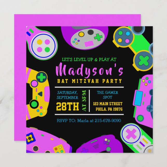 Invitación CHICA de VIDEO JUEGOS Bat Mitzvah Evending Fiesta (Anverso / Reverso)