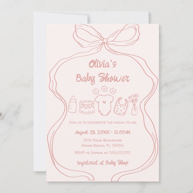 Invitación Chica de Wavy Bow Rosa Quirky Hand Drake Wavy Bow  (Anverso)