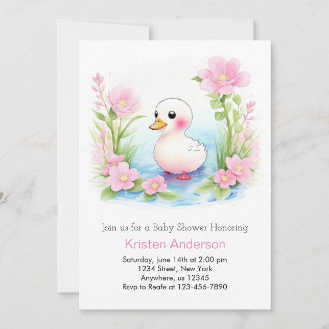 Invitación Chica de Whimsy Duckling Rosado Baby Shower (Anverso)