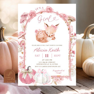 Invitación Chica de zorro blanca y rosa de calabaza de otoño 