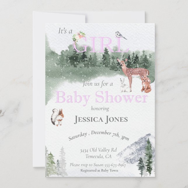 Invitación Chica Deer Baby Shower Winter Woodland (Anverso)