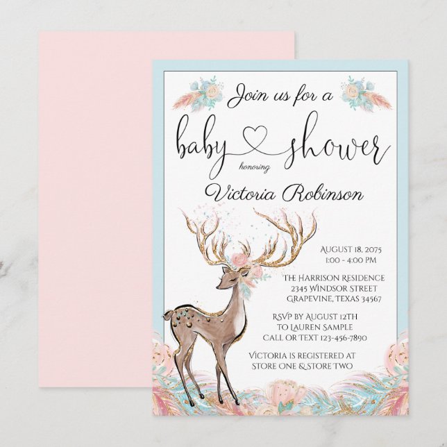 Invitación Chica Deer Pink Verde azulado acuarela Baby Shower (Anverso / Reverso)