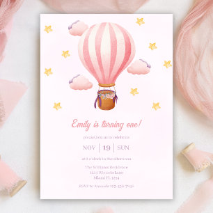 Invitación Chica del Balón de Aire Caliente Rosado Primer Fie