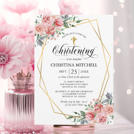 Invitación Chica del bautismo de la Cruz de Oro Floral Rosa