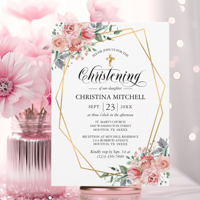 Invitación Chica del bautismo de la Cruz de Oro Floral Rosa (Pink Floral Gold Cross Christening Baptism Girl Invitation)