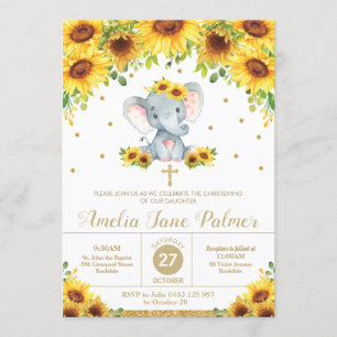 Invitación Chica del bautismo floral de girasol elefante