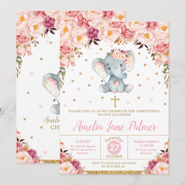 Invitación Chica del bautismo floral para la cristiandad de l (Anverso / Reverso)