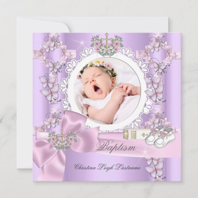Invitación Chica del bautismo Lilac Pink White Photo Christen (Anverso)