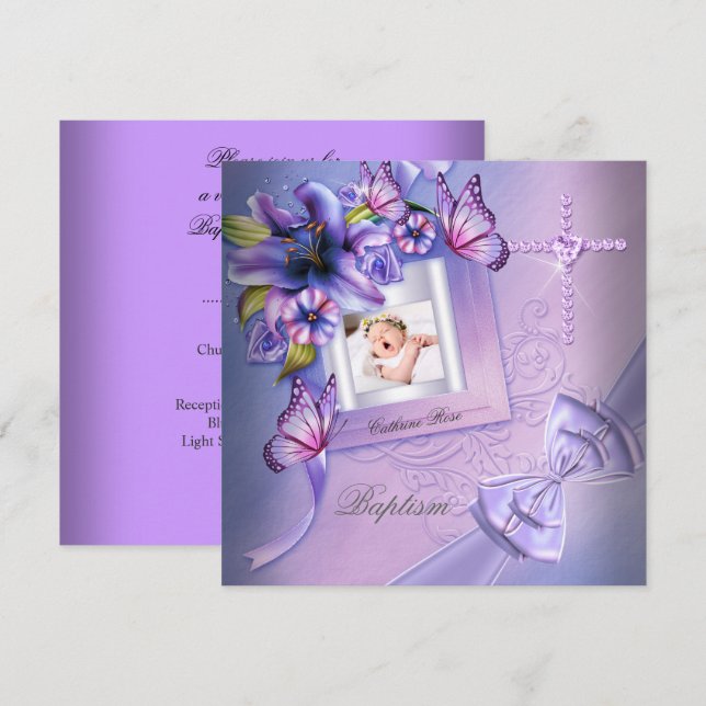 Invitación Chica del bautismo Pink Purple Photo Christening (Anverso / Reverso)