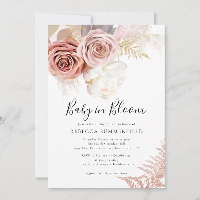 Invitación Chica del Boho de Pampas cae a Baby Shower (Anverso)