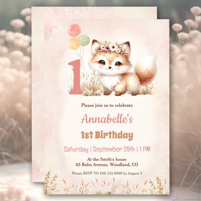 Invitación Chica del Boho Pastel de Fox Woodland (Cute Fox Woodland Boho Pastel Girl 1st Birthday Invitation)