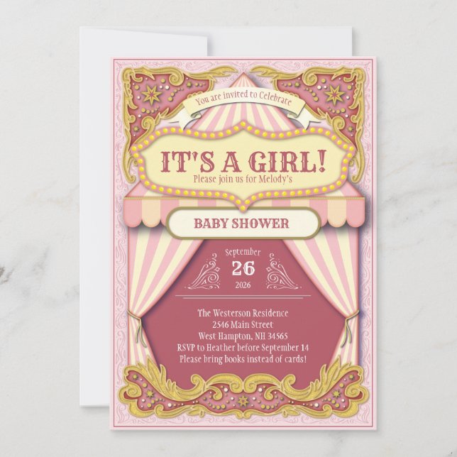 Invitación Chica del Carnaval de Cicus Baby Shower Pink Big T (Anverso)
