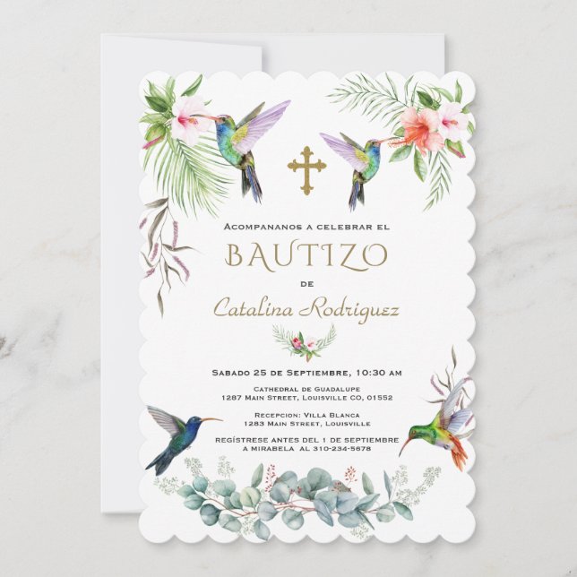 Invitación Chica del colibrí de flores rosadas Bautizo (Anverso)