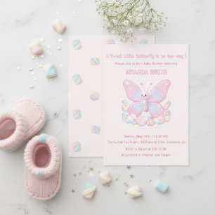 Invitación Chica del cumple del bebé mariposa de fresa rosa