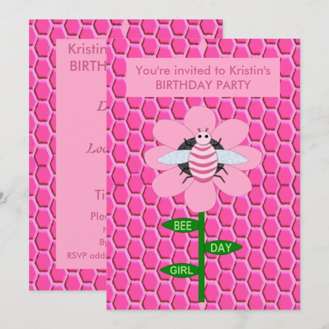 Invitación Chica del Día de la Abeja Feliz cumpleaños Rosado  (Anverso / Reverso)