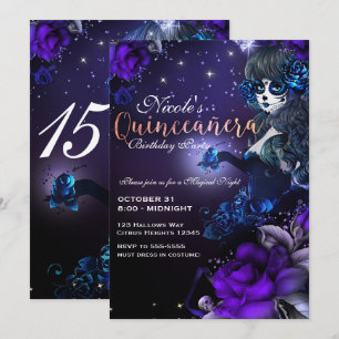 Invitación Chica del Día de Muertos Azul Púrpura Fiesta de Qu