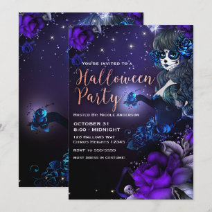 Invitación Chica del Día de Muertos Morado Azul Fiesta de Hal