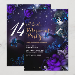 Invitación Chica del Día de Muertos Morado Azul Fiesta de Jub