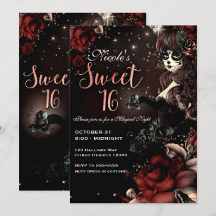 Invitación Chica del Día de Muertos Negra Roja Fiesta de Dulc