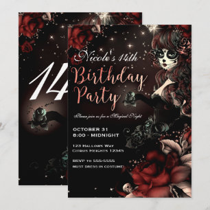 Invitación Chica del Día de Muertos Rojo Negro Fiesta de Cump
