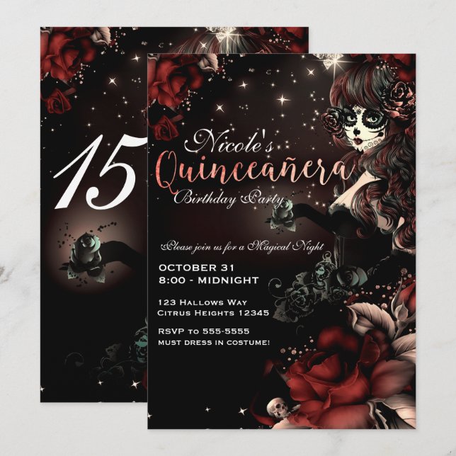 Invitación Chica del Día de Muertos Rojo Negro Fiesta de Quin (Anverso / Reverso)