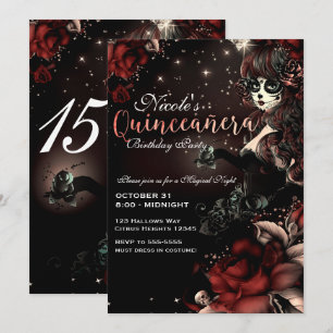 Invitación Chica del Día de Muertos Rojo Negro Fiesta de Quin