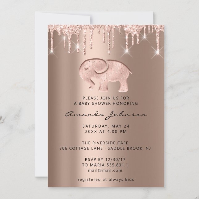 Invitación Chica del elefante de Baby Shower Rosa Gold Drip B (Anverso)